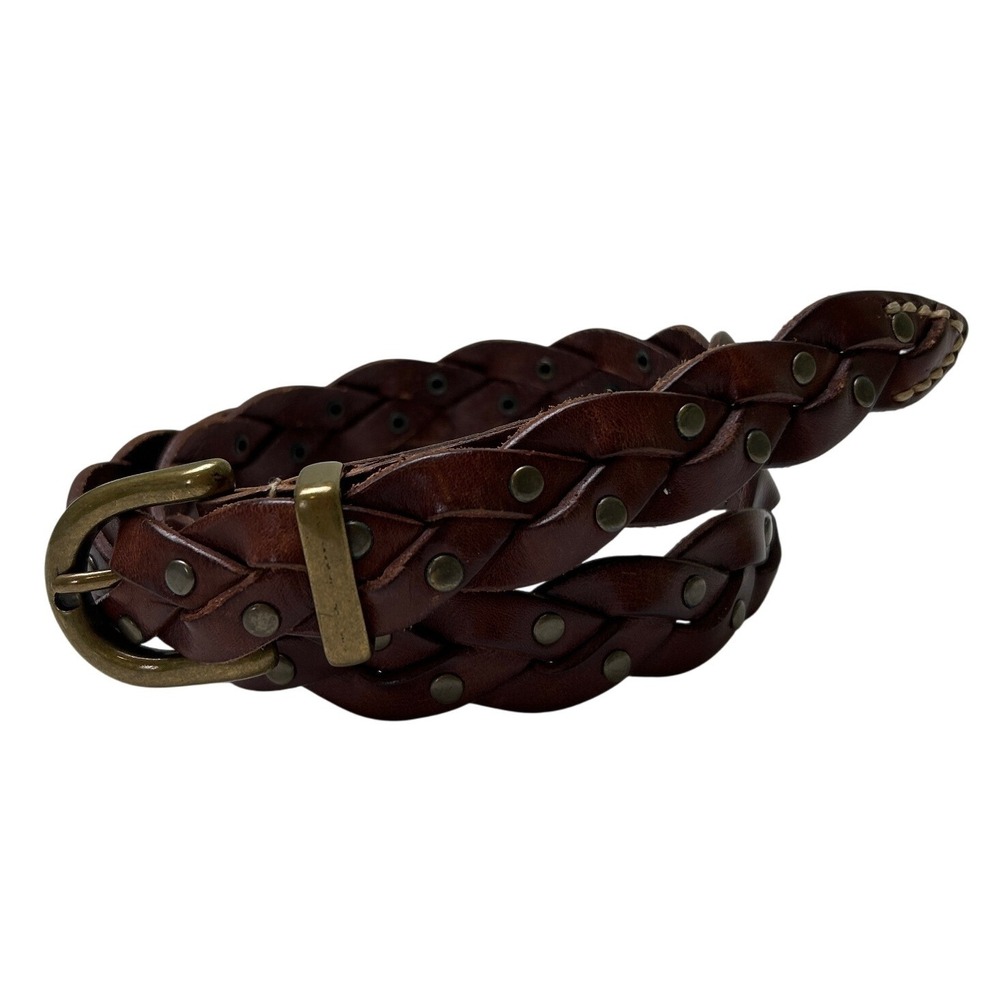 NY&CO Womens Braided Studded Leather Waist Belt Size L Brown Bohemian Western